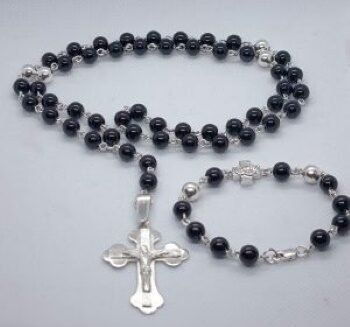 Komplet brojanica za vrat i ruku od oniksa srebro