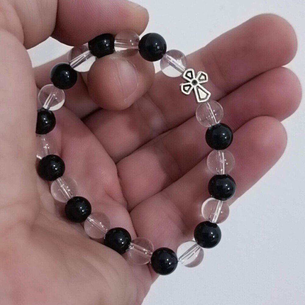 Brojanica za ruku od crnog turmalina i gorskog kristala