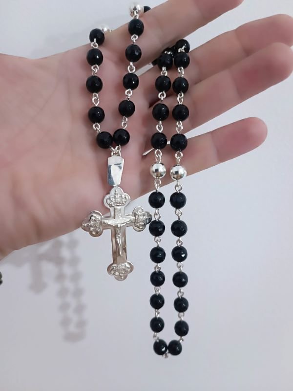 UNIKATNA BROJANICA ZA VRAT CRNI ONIKS & SREBRO 925 63 cm