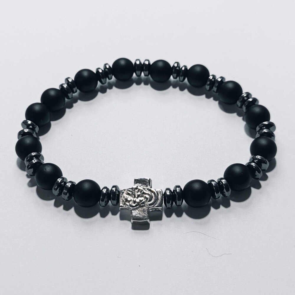 Brojanica za ruku od mat oniksa i hematita srebro