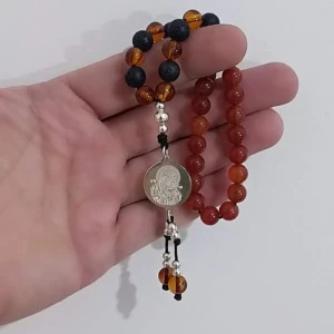 Brojanica 33 perle za molitvu od ćilibara lave i karneola